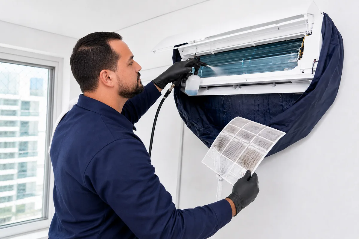 Limpeza e higienização profissional de ar-condicionado split